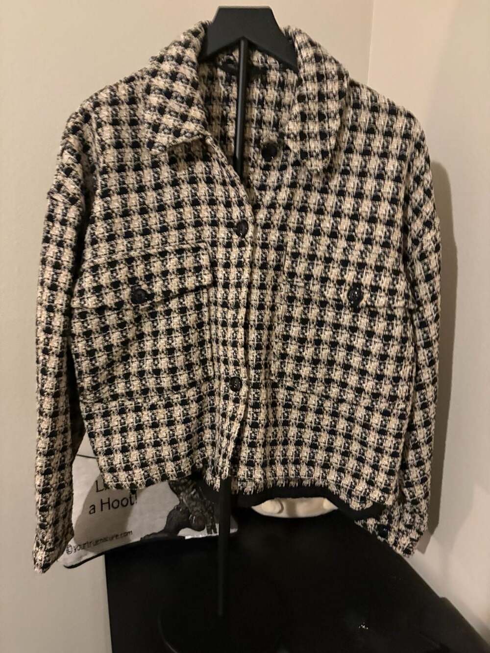 Shinestar Black and Cream Houndstooth Tweed Button-Up Shacket Jacket Size M